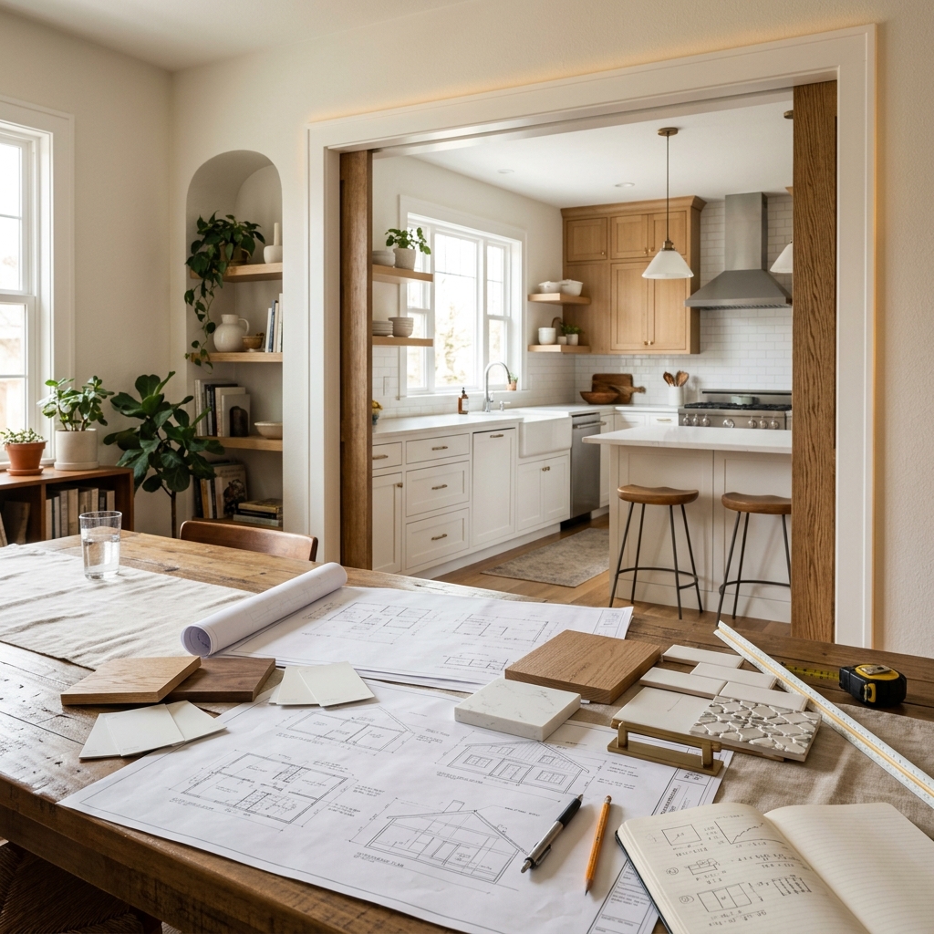 Kitchen renovation planning with blueprints and material samples