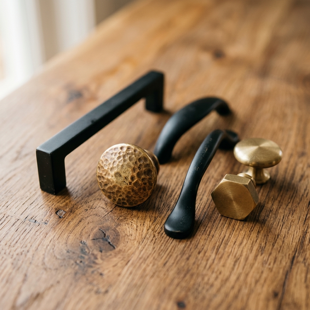 Brass knobs and matte black pulls on a natural wood surface