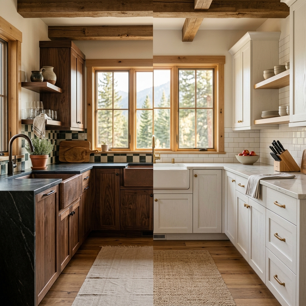 Two kitchen styles compared, white shaker and dark custom wood